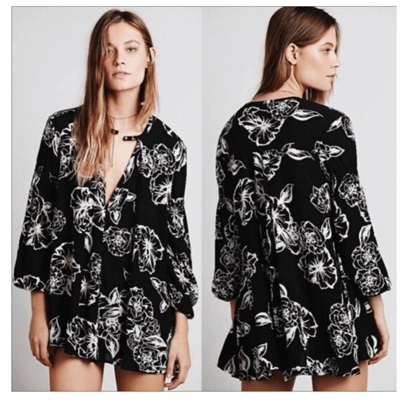 Free People Dress Womens Size Small Snap Out of It Black Floral Tunic Boho - Picture 1 of 12
